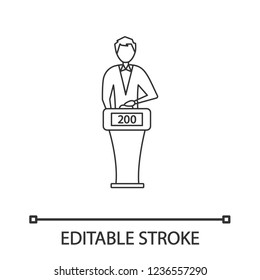 Quiz show player linear icon. Intellectual game contestant. Thin line illustration. Man standing at game show podium with buzzer system. Trivia contest. Vector isolated drawing. Editable stroke