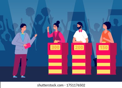 Quiz Show. Trivia Game, Show Man And Tv Gaming Participant. Flat Competition Program Winner, Question Television Puzzle Vector Illustration