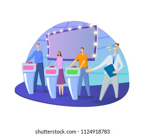 Quiz show TV-studio with host and contestants. Screen, stands and lights. Colorful flat vector illustration. Isolated on white background.