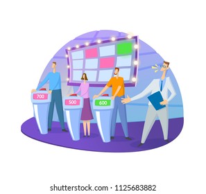 Quiz show TV-studio with host and contestants. Screen, stands and lights. Colorful flat vector illustration. Isolated on white background.