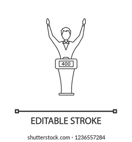 Quiz show win linear icon. Winner of intellectual game. Thin line illustration. Man standing at game show podium with high score. Contestant at buzzer. Vector isolated outline drawing. Editable stroke