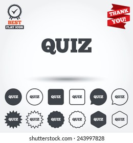 Quiz sign icon. Questions and answers game symbol. Circle, star, speech bubble and square buttons. Award medal with check mark. Thank you. Vector