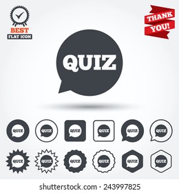 Quiz speech bubble sign icon. Questions and answers game symbol. Circle, star, speech bubble and square buttons. Award medal with check mark. Thank you. Vector