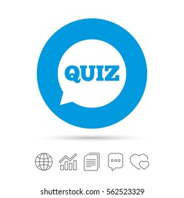 Quiz speech bubble sign icon. Questions and answers game symbol. Copy files, chat speech bubble and chart web icons. Vector
