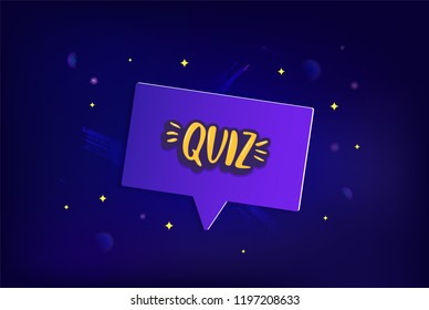 Quiz sticker. Handwritten lettering with speech bubble and space decoration. Template  for social media network. Vector illustration.