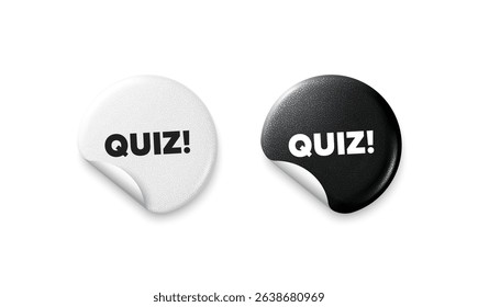 Quiz sticker tags. Glitter paper price badge. Quiz tag. Answer question sign. Examination test symbol. Offer round sticker. Promo banner. Vector