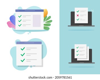 Quiz-Umfrage Bericht Web-Formular Online-Test-Website Test-Ergebnis-Checkliste Vektor und Internet zu tun Memo-Liste mit Prüfzeichen, elektronische digitale Umfrage oder Abstimmung Idee 