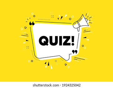 Quiz symbol. Megaphone yellow vector banner. Answer question sign. Examination test. Thought speech bubble with quotes. Quiz chat think megaphone message. Infographics yellow background. Vector