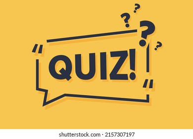 Quiz symbol. Megaphone yellow vector banner. Answer question sign. Examination test. Thought speech bubble with quotes. Quiz chat think megaphone message. Infographics yellow background. Vector