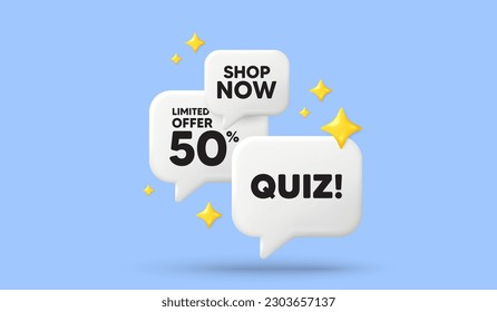 Quiz tag. 3d offer chat speech bubbles. Answer question sign. Examination test symbol. Quiz speech bubble 3d message. Talk box stars banner. Vector