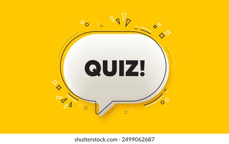 Quiz tag. 3d speech bubble yellow banner. Answer question sign. Examination test symbol. Quiz chat speech bubble message. Talk box infographics. Vector