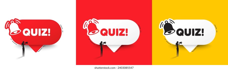 Quiz-Tag. Sprechen Blasen mit Glocke und Frau Silhouette. Antworte auf das Fragezeichen. Prüfungssymbol. Quiz Chat-Sprachnachricht. Frau mit Megaphon. Vektorgrafik
