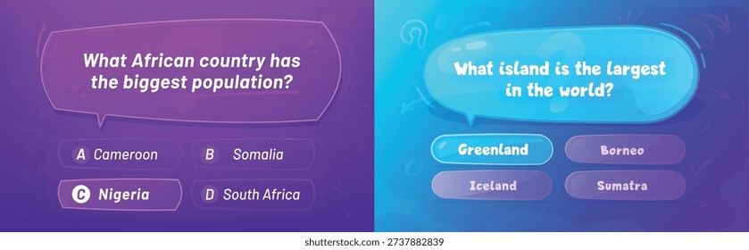 Quiz template layout, question and answer game contest. Vector question cards with speech bubbles and rounded answer buttons. Interactive layout for trivia choice games for knowledge application or tv