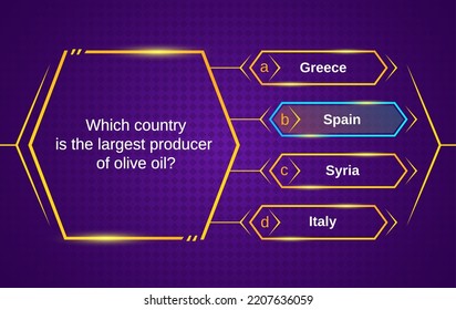 Plantilla de test con menú de preguntas y opciones de la respuesta correcta en marcos dorados. Programa de televisión vectorial, juego trivia o rompecabezas, cuestionario de prueba o competencia de conocimientos diseño moderno, juego ui o gui