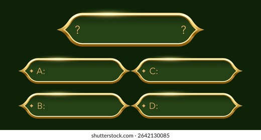 Quiz template. Trivia game layout. Question and answer green frames with golden border for TV show or social media. Multiple choice test. Abstract vector illustration.