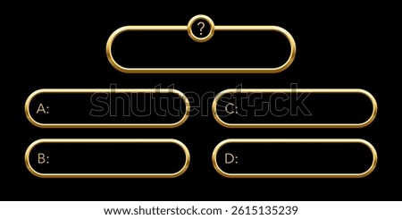 Quiz template. Trivia game layout. Question and answer golden frames isolated on black for TV show or social media. Multiple choice test. Vector illustration.
