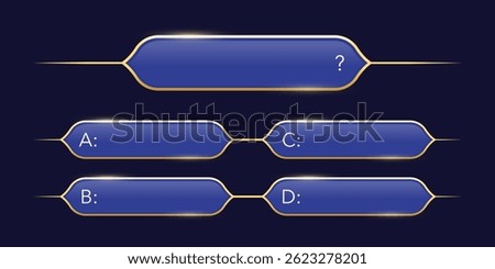 Quiz template. Trivia game layout. Question and answer blue frames with golden border for TV show or social media. Multiple choice test. Vector illustration isolated on dark background.