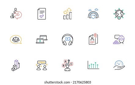 Quiz Test, Approved Checklist And Justice Scales Line Icons For Website, Printing. Collection Of Interview Documents, Video Conference, Headphones Icons. Difficult Stress, Build. Vector