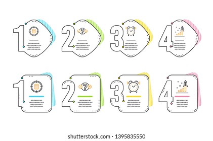 Quiz test, Calculator target and Alarm clock icons simple set. Development plan sign. Select answer, Audit, Time. Strategy. Technology set. Infographic timeline. Line quiz test icon. Vector