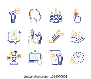 Quiz test, Escalator and Swipe up icons simple set. Like, Skin care and Head signs. Salary employees, Agent and Fireworks symbols. Manual doc, Technical documentation and Time management. Vector