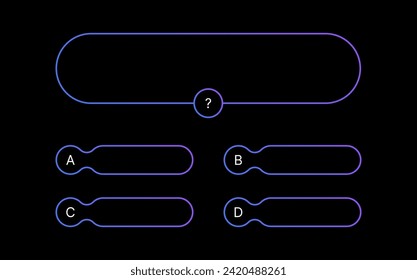 Quiz Testspiel-Vorlage. Mehrere Fragen zur Auswahl. Wird in Antwortshows im Fernsehen und in sozialen Medien verwendet. Vektorgrafikdesign auf schwarzem Hintergrund.