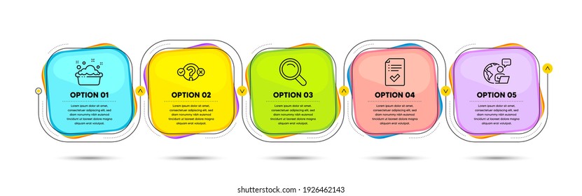 Quiz test, Hand washing and Approved checklist line icons set. Timeline process flowchart. Search sign. Select answer, Laundry basin, Accepted message. Magnifying glass. Business set. Vector