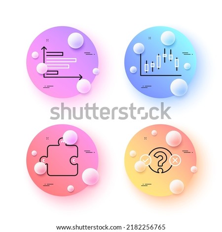 Quiz test, Horizontal chart and Candlestick graph minimal line icons. 3d spheres or balls buttons. Puzzle icons. For web, application, printing. Vector