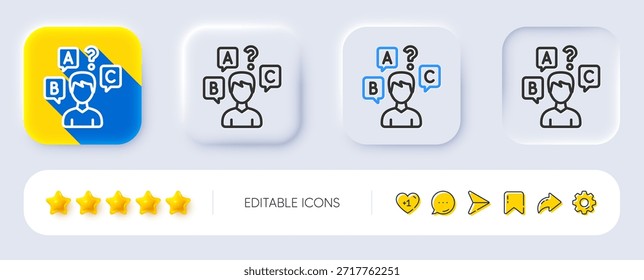 Ícone da linha de teste do questionário. Neumórfico, sombra plana, botões 3d. Selecione o sinal de resposta. Símbolo de entrevista de negócios. Ícone de teste de teste de teste de linha. Ícones de mídia social. Vetor