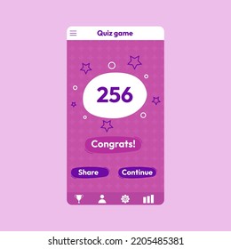 Quiz test lottery millionaire menu template. Quiz game frame. Congratulations window. Flat vector illustration