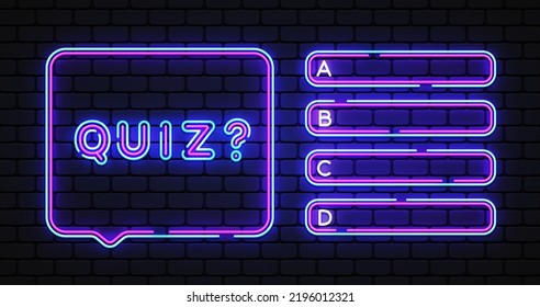 Quiz test menu neon template. Quiz on light background for game background design. Vector illustration