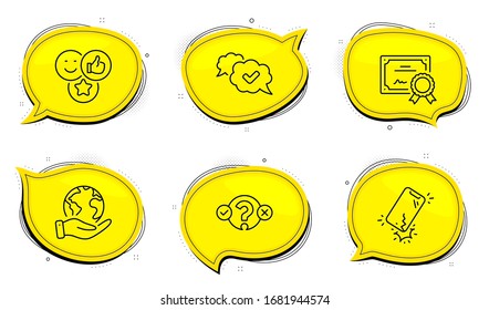 Quiz test sign. Diploma certificate, save planet chat bubbles. Like, Approved and Smartphone broken line icons set. Social media likes, Comic message, Phone crack. Select answer. Vector