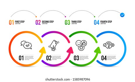 Quiz test sign. Infographics timeline. Like, Approved and Smartphone broken line icons set. Social media likes, Comic message, Phone crack. Select answer. Technology set. Like icon. Vector