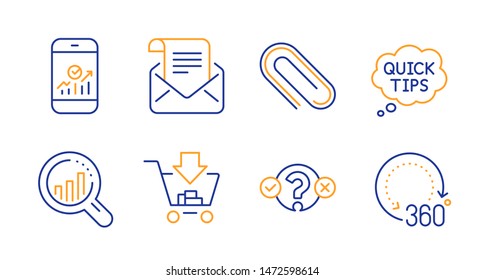 Quiz test, Smartphone statistics and Seo analysis line icons set. Paper clip, Mail newsletter and Quick tips signs. Shopping, 360 degrees symbols. Select answer, Mobile business. Vector