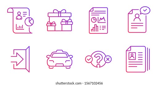 Quiz test, Surprise boxes and Report document line icons set. Exit, Taxi and Resume document signs. Report, Cv documents symbols. Select answer, Holiday gifts. Business set. Vector