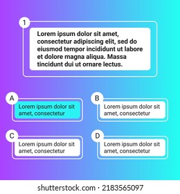 Quiz test template ui design vector illustration. Quiz test lottery millionaire template. Text game frame. Questions and answers buttons. Trendy gradient template for test.