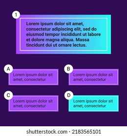 Quiz test template ui design vector illustration. Quiz test lottery millionaire template. Text game frame. Questions and answers buttons. Trendy gradient template for test.