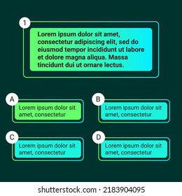 Ilustración del vector de diseño ui de la plantilla de prueba de test de Prueba. Prueba de prueba de la lotería millonaria plantilla. Marco de juego de texto. Botones de preguntas y respuestas. Plantilla de degradado de moda para la prueba.