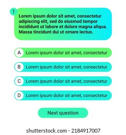 Quiz test template ui design vector illustration. Quiz test lottery millionaire template. Text game frame. Questions and answers buttons. Trendy gradient template for test.