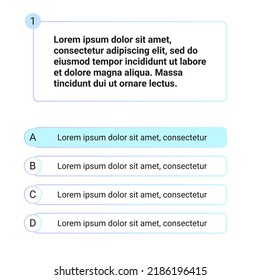 Quiz test template ui design vector illustration. Quiz test lottery millionaire template. Text game frame. Questions and answers buttons. Trendy gradient template for test.