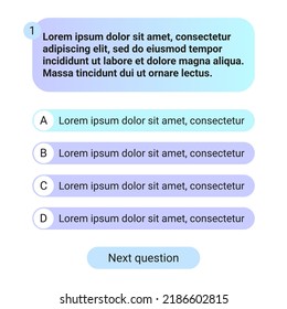 Quiz test template ui design vector illustration. Quiz test lottery millionaire template. Text game frame. Questions and answers buttons. Trendy gradient template for test.