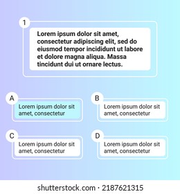 Quiz test template ui design vector illustration. Quiz test lottery millionaire template. Text game frame. Questions and answers buttons. Trendy gradient template for test.