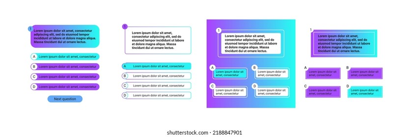 Quiz test template ui design vector illustration. Quiz test lottery millionaire template. Text game frame. Questions and answers buttons. Trendy gradient template for test.