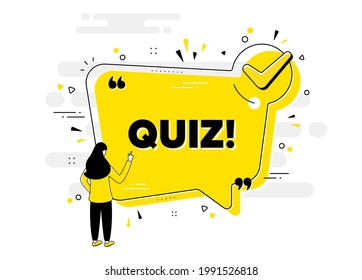 Quiz text. Check mark chat bubble banner with people. Answer question sign. Examination test symbol. Quiz approved chat message. Checklist user background. Vector