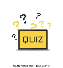 Quiz text on laptop computer screen. Flat style illustration. Isolated on white background. 
