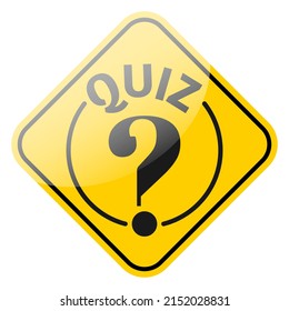 Quiz text and question mark icon. Black symbol on yellow street sign frame isolated vector illustration.