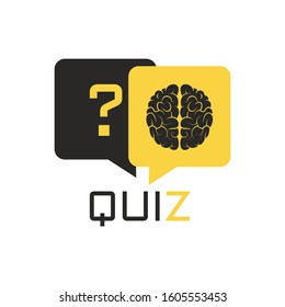 Quiz text with speech bubbles and human brain. Flat style illustration. Isolated on white background. 