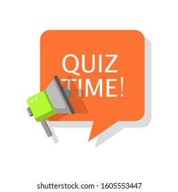 Quiz Time announcement icon. Speech bubble and megaphone. Flat style illustration. Isolated on white background. 