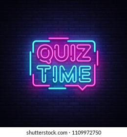 Quiz Time announcement poster neon signboard vector. Pub Quiz vintage styled neon glowing letters shining, Light Banner, Questions team game.Vector illustration