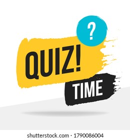 Quiz Time icon, emblem, logo in brush stroke style. Vector flat illustration. Yellow and black element design with question button for brain game and online quiz on white.