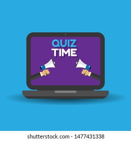 Quiz time - laptop notebook computer screen and Hand holding megaphone. megaphone loudspeaker with message Quiz time. blue background